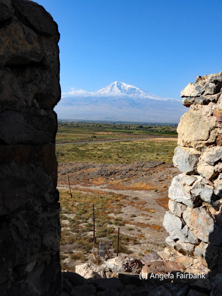 view of Mount Ararat through monastery wall