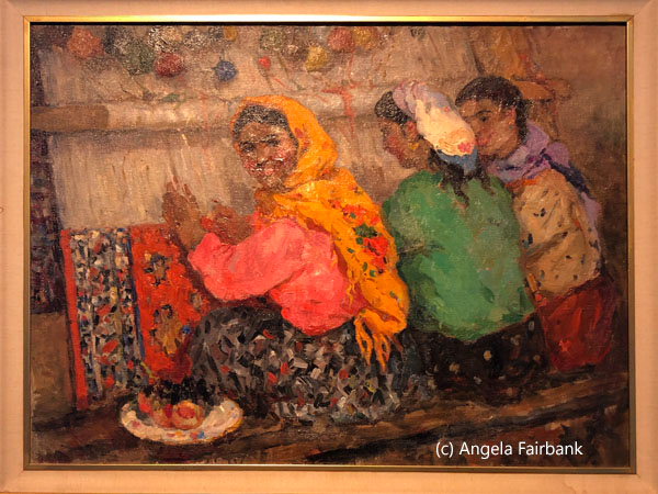 painting of 3 female carpet weavers