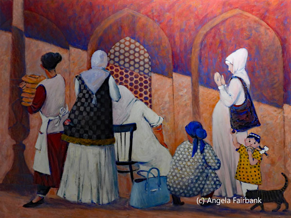 painting of women behind lattice window
