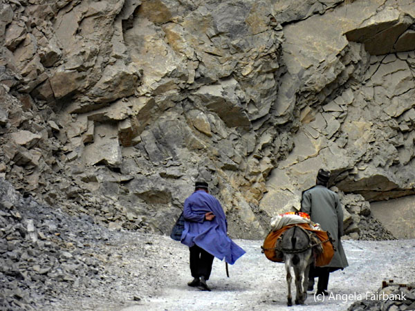 2 men walking with donkey 