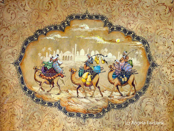 painting of three mean on camels