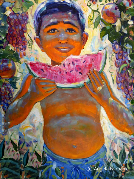 painting of boy eating watermelon