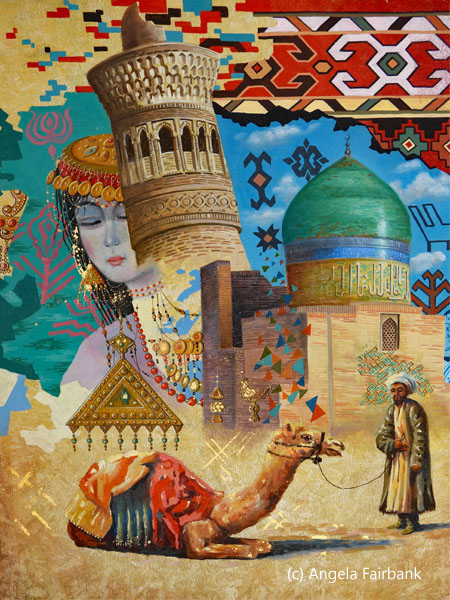 painting with various buildings people and a sitting camel