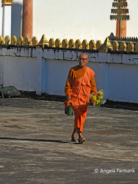 monk walking in front of stupa