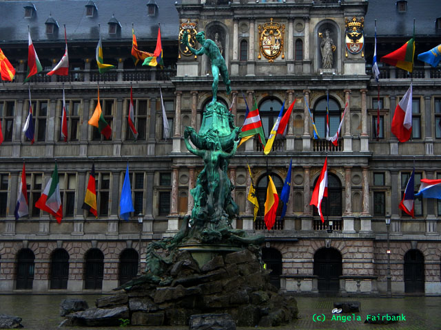 town hall with flags