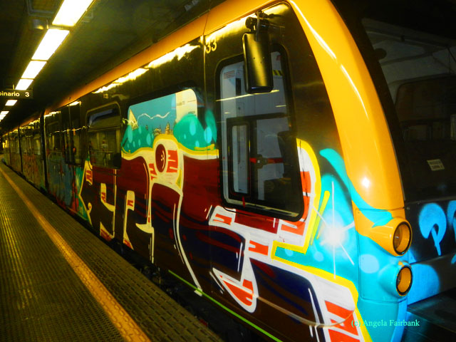 graffitied subway train