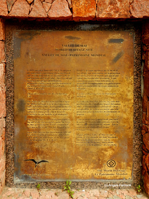 Vallee de Mai sign on Praslin, Seychelles