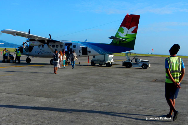 Air Seychelles twin prop plane from Mahe to Praslin