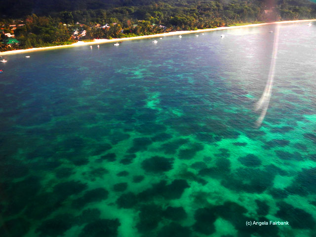 view of Praslin and water from Air Seychelles twin prop plane