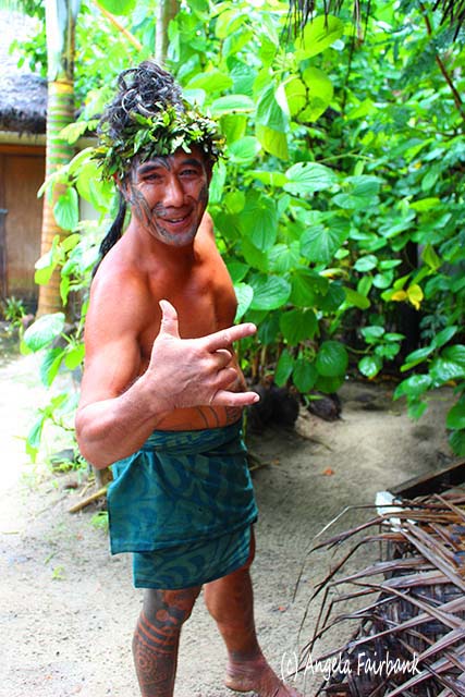 Guy at Tiki Theatre, Moorea, French Polynesia, copyright Angela Fairbank