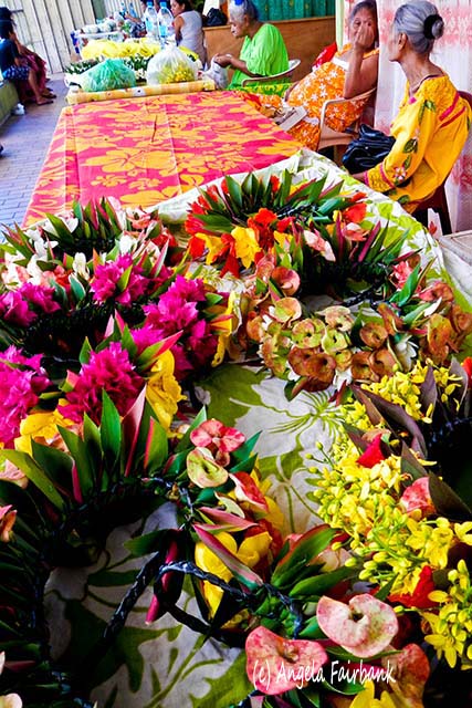 Flowers at market, Papeete, Tahiti, French Polynesia, copyright Angela Fairbank