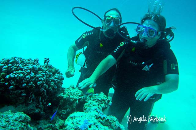 Scuba diving with John from Sydney, Australia, in Bora Bora, French Polynesia, copyright Angela Fairbank