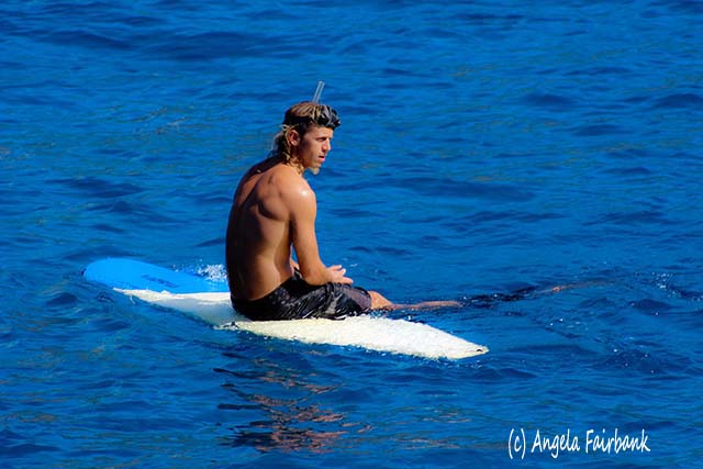 Hunori at the ready on his surf board, Maui, Hawaii, copyright Angela Fairbank