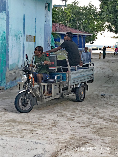 two men in motorized cart