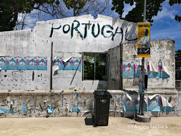 fallen building with graffiti