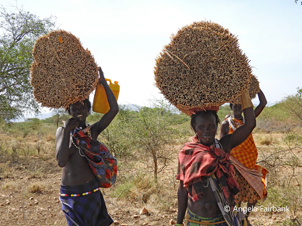 Toposa women carrying bundles of roofing material