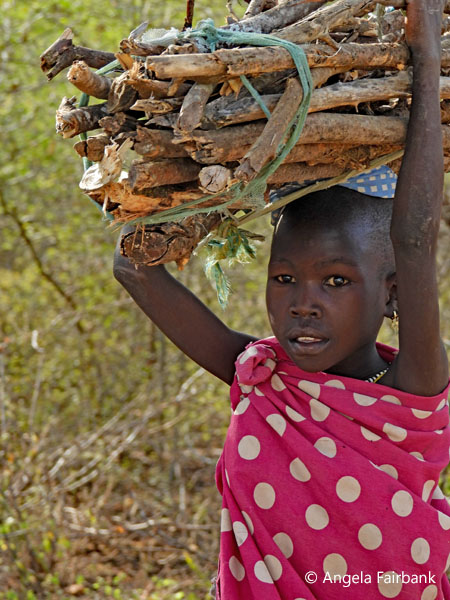 young Toposa woman carrying wood on her head