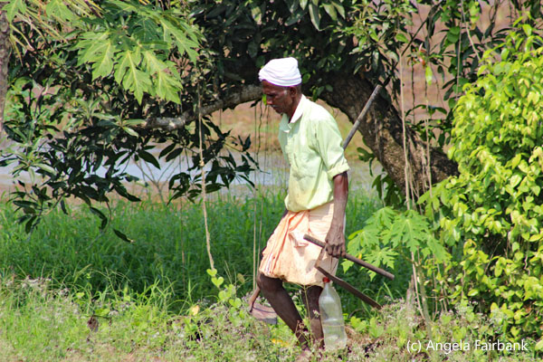 man walking along bank 