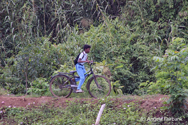 boy bicycling along bank
