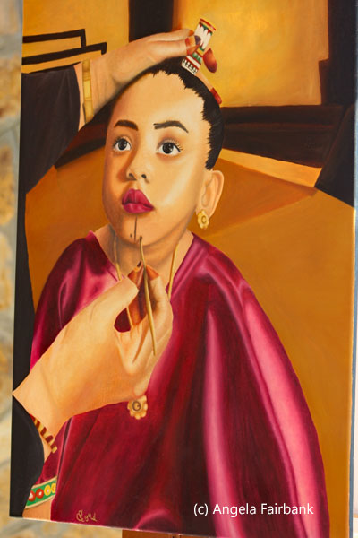 painting of woman having face tatooed